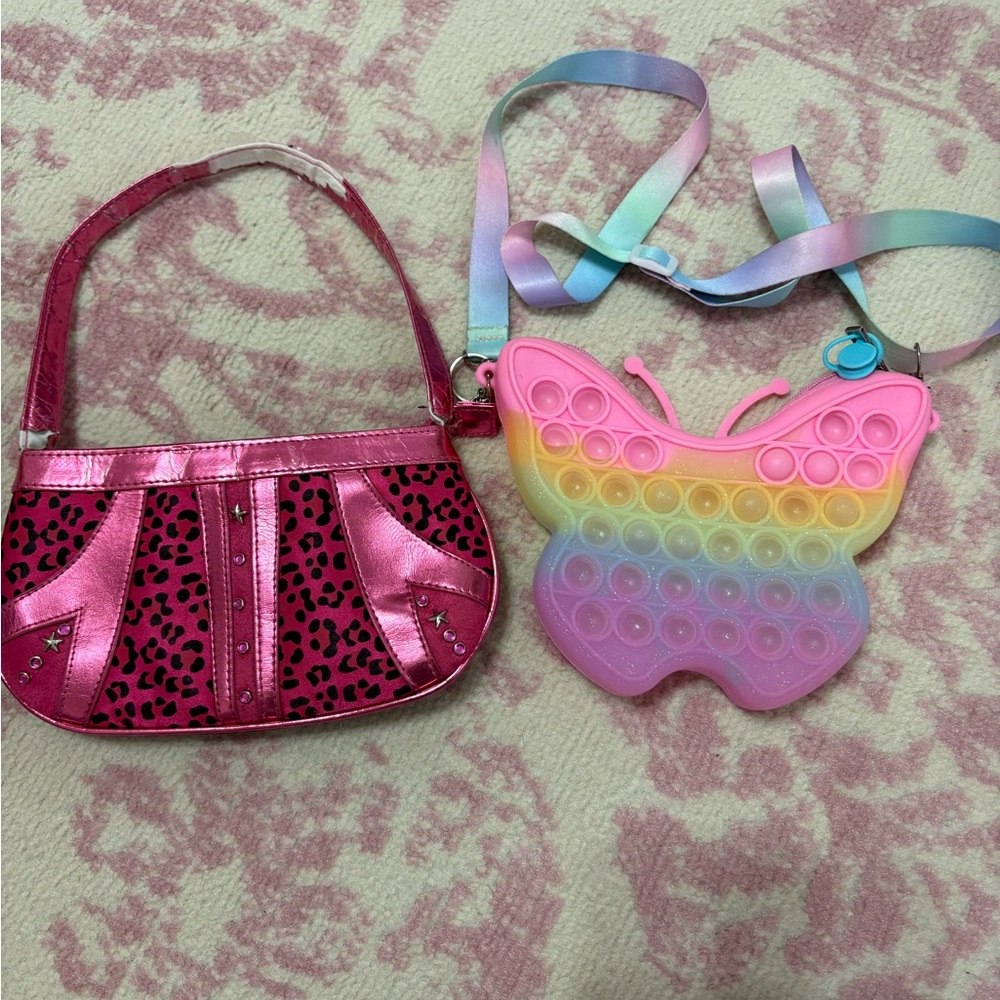 Pink Leopard Print Kids Purse and Rainbow Butterfly Pop It Set